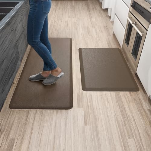 Anti Fatigue Kitchen Mats for Floor | Padded Kitchen Rugs | Non Slip, Cushioned Standing Desk Mat | Waterproof Floor Mat | 17.3" x 28" x 0.47" & 17.3" x 47.2" x 0.47", Brown, 2-Pack | More Décor