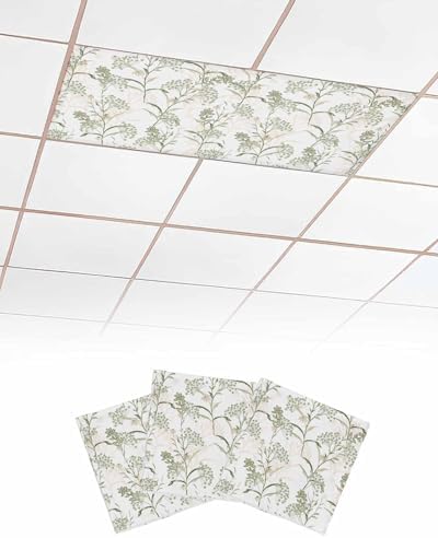 Sage Green Leaves Magnetic Fluorescent Light Covers for Ceiling Lights 2 x 4 Feet,Flower Herbs Floral Spring Summer Office Classroom Kitchen Drop Ceiling Light Covers Lighting Filters Shade 3 Packs