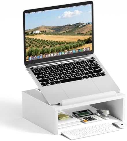 AFOOYO Adjustable Wood Laptop Stand with Storage Space - Notebook Organizer & Ergonomic Computer Riser, Wrist Rest Included, Compatible with 9.8-15'' Laptops (MacBook Air Pro/HP/Dell/Lenovo),White