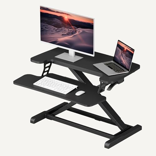 SANODESK Standing Desk Converter 28" Desk Riser for Home Office, Compact Sit Stand Desktop Workstation for Laptop & Monitor, Ergonomic Height Adjustable Riser, Black