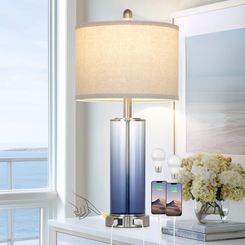 Ruzectt 26" Glass Table Lamp Single, 3-Way Dimmable Touch Control Living Room Lamp with USB C+A Ports & AC Outlet, Coastal Bedside Lamps, Bedroom Lamps for Nightstand Side End Table Desk, Blue-1PK