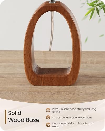 Small Table Lamp, 14.2" Cute Little Desk Lamp, Wood Bedside Lamp with Linen Lampshade, Modern Nightstand Lamp for Bedroom, E26 Base, Bulb Not Included, Beige and Dark Natural LE07TL05