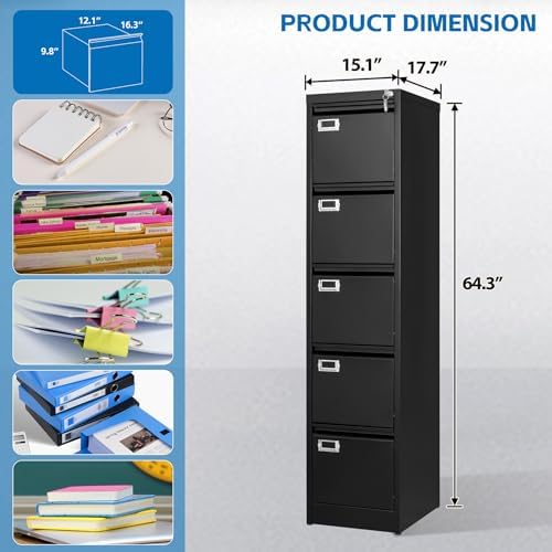 BYNSOE 5 Drawer File Cabinet with Lock Metal Vertical File Cabinet Office Home Vertical File Cabinet for A4 Legal/Letter Size Narrow File Cabinet Locked,Assembly Required