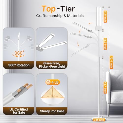 Syrinx LED Floor Lamp, 18W 2000LM Bright Reading Floor Lamp, Dual Head Gooseneck Standing Lamp, Smart Motion Sensor, Remote Control, Dimmable Brightness & Color Temp, for Living Room Bedroom Office