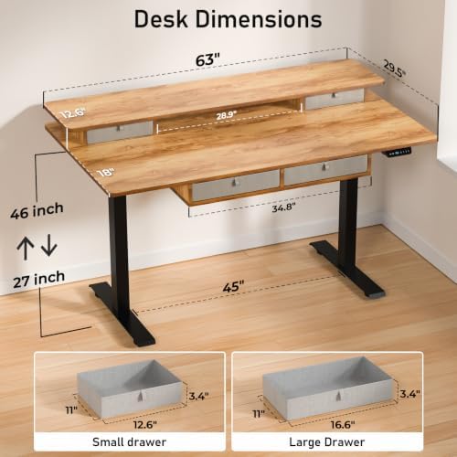 63 x 30 Inch Electric Standing Desk with 4 Drawers, Light Rustic