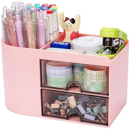 Meiikun Desk Organizer with Drawer, Pen Organizer for Desk, Small Pencil Holder, Desk Organizers and Accessories for Office Home Storage (2 Drawers+4 Compartments, Pink)