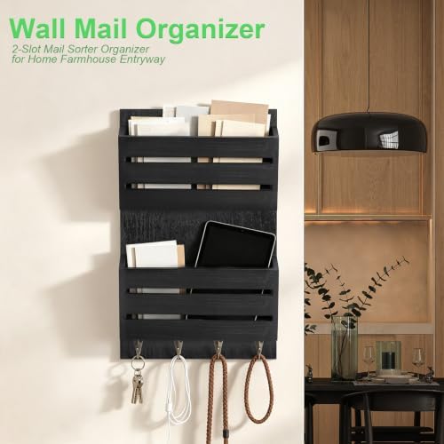 MOOACE Mail Organizer Wall Mount, Wood Mail and Key Holder with Hooks