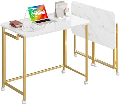 4NM 31.5" Mobile Small Rolling Computer Desk, Folding Laptop Cart Table with Wheels, Portable Office Desk for Small Space Couch Bed - White and Golden