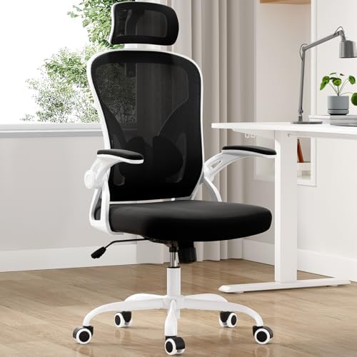 Farini Ergonomic Office Chair, Home Office Desk Chair with Headrest, High Back Swivel Computer Chair with Armrests and Adjustable Lumbar Support for Home Office Study Room, White & Black