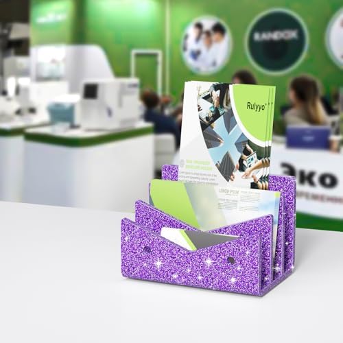 Mail Organizer Envelope Holder - 3 Compartments Glitter Purple Acrylic Mail Holder Countertop Vertical Desk Organizer Small File Bill Document Notebook Letter Sorter for Home School Office