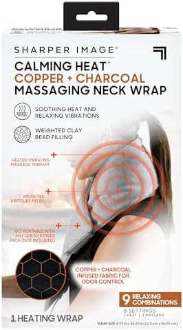 Calming Heat Neck Wrap by Sharper Image Copper & Charcoal Infused Personal Electric Neck Heating Pad with Vibrations, 3 Heat & 3 Vibration Settings- 9 Relaxing Combinations