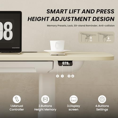COLAMY Electric Adjustable Standing Desk – 48 x 28 Inch Sit Stand Desk with Drawer & Cable Management, Dual Motor Lift System, Ergonomic Footrest, Home Office Table (MFC Desktop, Light Maple + White)