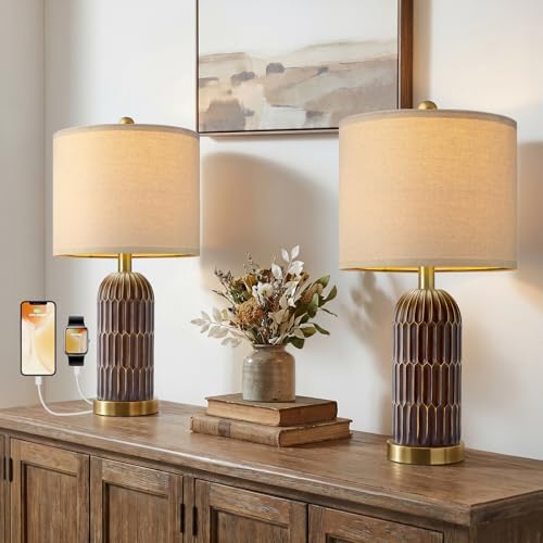 OYEARS 22.5" Bedside Table Lamps Set of 2, Farmhouse Table Lamp with USB A+C Charging Ports, Vintage Nightstand Lamp for Bedrooms and Living Rooms, Mid Century Modern End Table Lamp, Brown and Gold