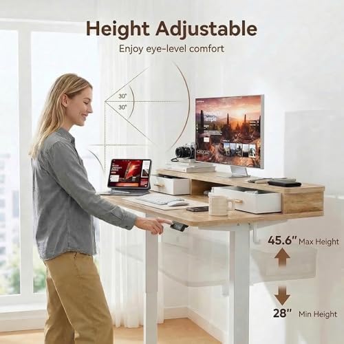 Grandder Electric Standing Desk with Two Drawers, Sit to Stand Up Height Adjustable Desk with Storage Shelf for Home Office, 47 * 24 Inch, Study, Ergonomic Adjustable Computer Desk, Oak