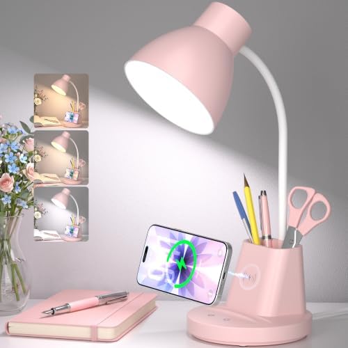 10W Wireless Charging LED Desk Lamp with Pen Holder, CRI 95, Pink