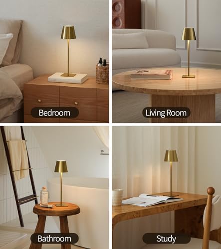 UME 6 Pack Cordless Table Lamp, Battery Operated Lamp - Portable Waterproof Rechargeable Table Lamp w/ 3 Color Temps & Stepless Dimming for Dinner, Desk, Cafe, Outdoor (Brushed Gold)