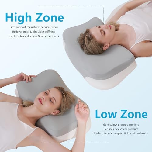 Cervical Neck Pillow for Pain Relief Memory Foam Pillow with Cooling Removable Cover Side/Back/Stomach Sleeper Pillow for Adults Ergonomic Horn Design Support Neck & Shoulder 23.6in*14.5in*4.7/5.1in