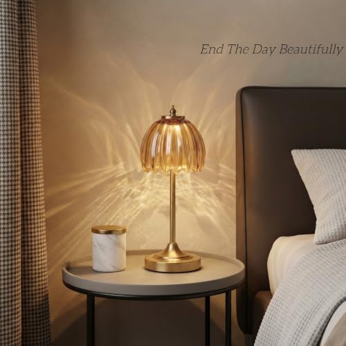 Tulip Glass Rechargeable Table Lamp, Cordless Vintage Table Light (Amber)