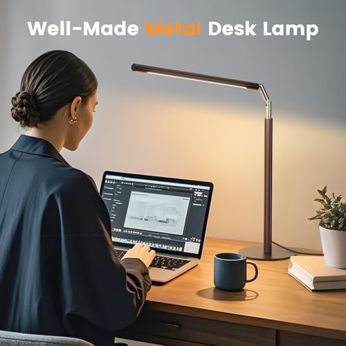 SIBRILLE Brown LED Desk Lamp, 16" Dimmable Metal Desk Light with Base, 15W 1200LM, Adapter Included, Color & Brightness Adjustable, Modern Tall Table Lamp for Home Office Reading Study Task Laptop
