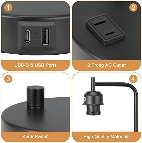 Industrial Bedside Desk Lamps for Bedroom - Grey Smoked Glass Shade Table Lamp with USB C Port, Fully Dimmable Small Lamps with USB Port and Outlet, Reading Nightstand Lamps for Office Living Room