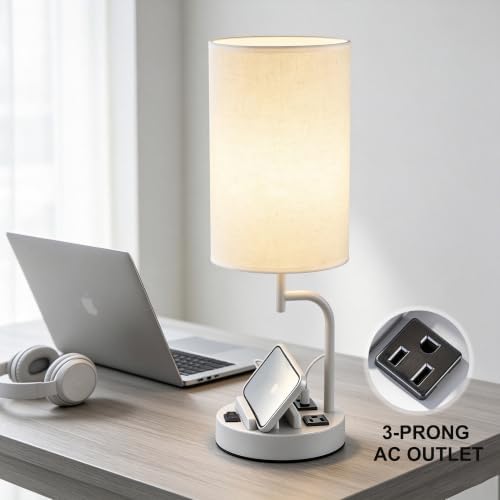 Dreamholder 2 Pack Table Lamp, Bedside Lamp with 3 USB Charging Ports & AC Outlet, USB Desk Lamp with 2 Phone Holders, Linen Fabric Shade Nightstand Lamps for Bedroom Living Room Office, Gray