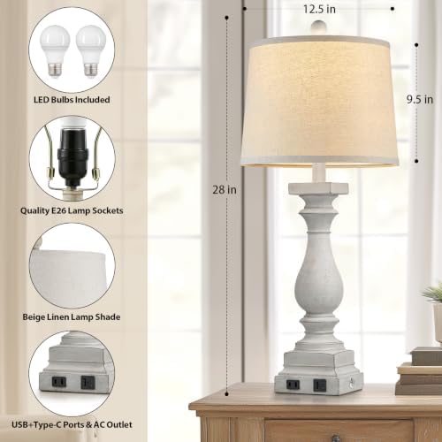 28" Tall Farmhouse Table Lamp with USB C+A Ports and AC Outlet, 3 Way Touch Control Rustic Bedside Lamp for Bedroom, White Vintage Nightstand Lamp for Living Room Office