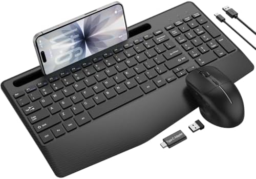 Rechargeable Silent Wireless Keyboard and Mouse Combo, Ergonomic Wrist Rest & Phone Tablet Holder, USB-C Adapter Included, 2.4G Lag-Free Cordless Set for Windows Mac Laptop PC Home Office (Black)