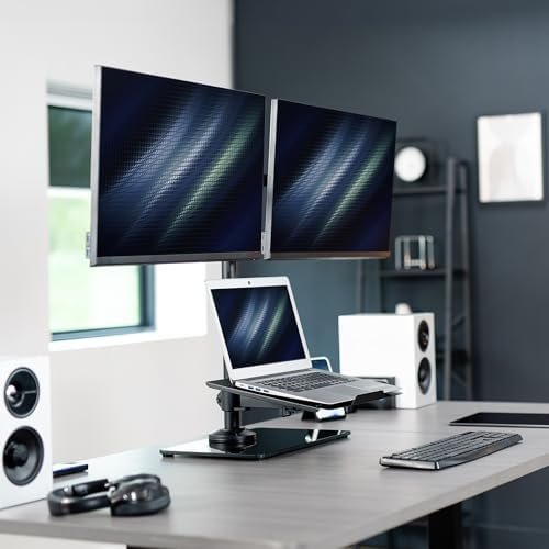 VIVO Freestanding Dual Computer Monitor and Laptop Combo Desk Stand with Glass Base, Fits up to 32 inch Monitors and 17 inch Laptops, Black, STAND-V003FGL