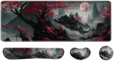 Desk Pad and Keyboard Wrist Rest,Janpense Large Mouse Pad + Keyboard Pad+Mouse Wrist Support, Non-Slip Desk Mat Protector for Office, Home 31.5×11.8 Inches Cherry Blossom