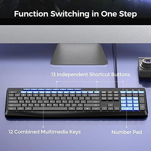 Virfour Wired USB Computer Keyboard, Quiet Keyboard with Multimedia Keys