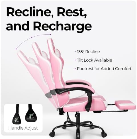 N-GEN GAMING Gaming Chair with Footrest, Lumbar, High-Back, Pink White