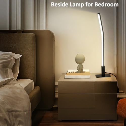 Modern Metal Table Lamp for Bedroom Living Room,17.32"/44CM Small Slim Bedside Lamp with Cord (USB 5V 2A),Minimalist Design,3 Led Light Modes,Dimmable Desk Lamp for Home Office,Black