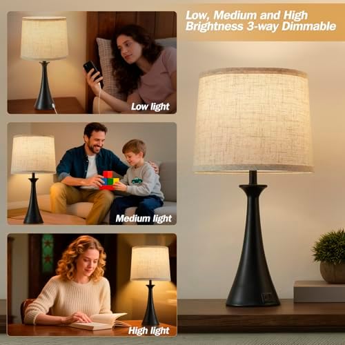 Touch Table Lamps Set of 2, 21" Bedside Lamps with USB C+A, Black