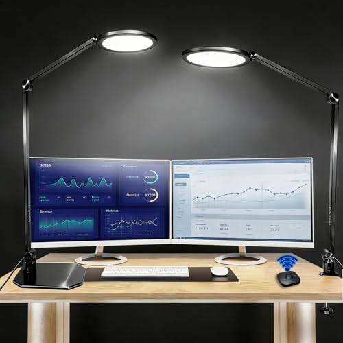 NS Pro LED Desk Lamp with Remote Control, Eye-Caring CRI95+ Dimmable Light, 3000K–6000K Adjustable Color Temperature, Flexible Clamp or Base Mount, for Home Office, Reading Study & Zoom, 2Pack