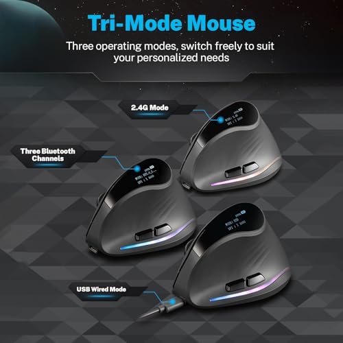 Gaming Mouse with Display, Wireless Vertical Ergonomic Mouse with Tri-Mode Connectivity, 7 Programmable RGB Buttons, 4000 DPI, Rechargeable for PC Laptop Mac