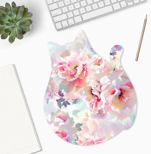 Funny Mouse Pad Cute Cat Shape Office Desk Accessories Decor for Women 9.65 x 8 Inch Small Mousepad with Non-Slip Rubber Base Washable Waterproof, Pink Flower