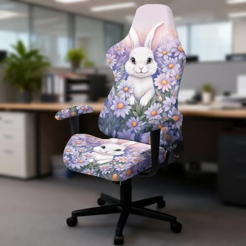 Rabbit Daisy Print Gaming Chair Cover Slipcovers 4pcs with Armrest Covers Washable Anti Scratch Furniture Protector Stretchable Office Chair Slipcover