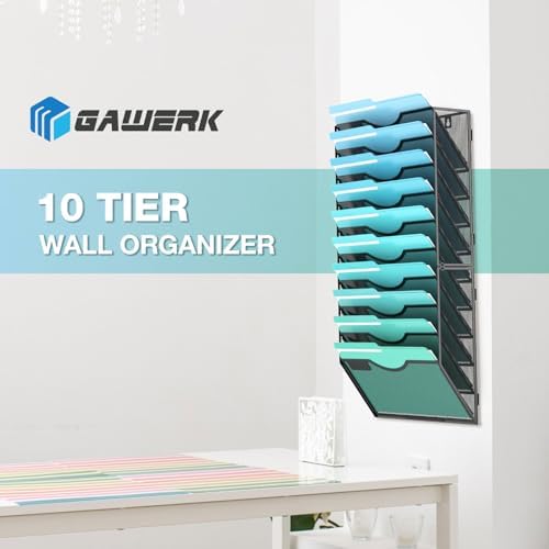 Gawerk 10-Tier Wall File Organizer Hanging Wall File Holder Wall Mount Paper Folder Organize, Mesh Magazine Document Mail Organizer Wall Organizer for Office School Home, Black