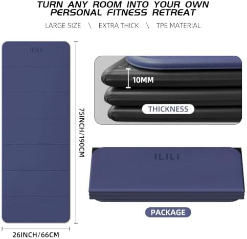 ILILI Foldable Yoga Mat 10mm, Extra Thick, Extra Long, 75x26x0.4 Inch, TPE