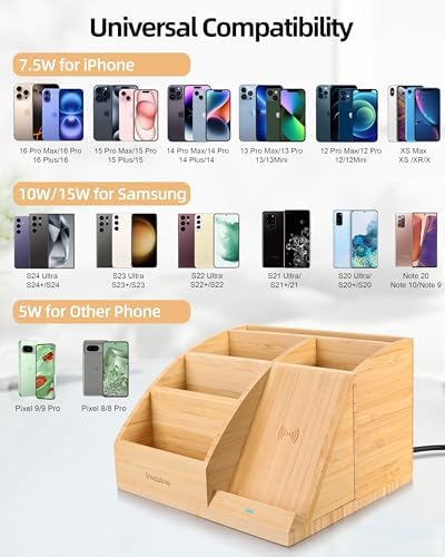 Bamboo Pen Holder with Wireless Charger, Desk Organizer 5 Compartments