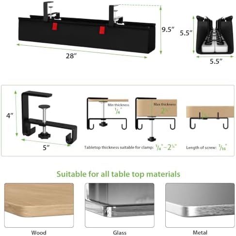 KEEGH No Drill Fabric Under Desk Cable Management Tray 28 in,Black