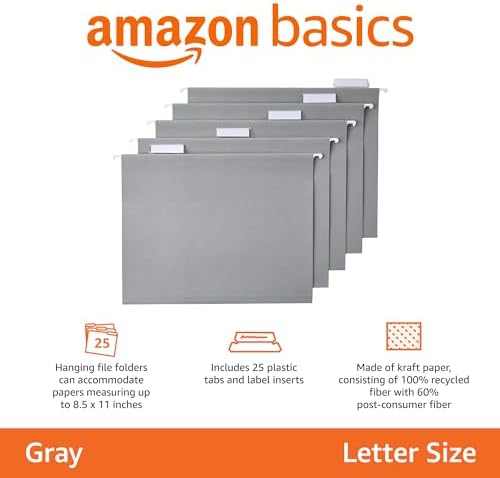 Amazon Basics Hanging File Folders with Adjustable Tabs for Document Organization, Letter Size, Gray, 25-Pack