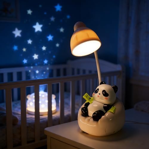 Cute Panda Night Light with Phone Stand & Storage, Rechargeable Bedside Lamp, 3-Level Touch Control Adjustable, LED Desk Lamp with USB for Bedroom Study Room, Boys Girls Gift (Pink)