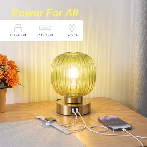 Elenhome Touch Table Lamp Set of 2, 3-Way Dimmable with Glass Shade, USB-C+A Charging Ports, Mid-Century Modern Small Bedside Lamps for Nightstand, Bedroom, and Living Room, LED Bulb Included (Green)