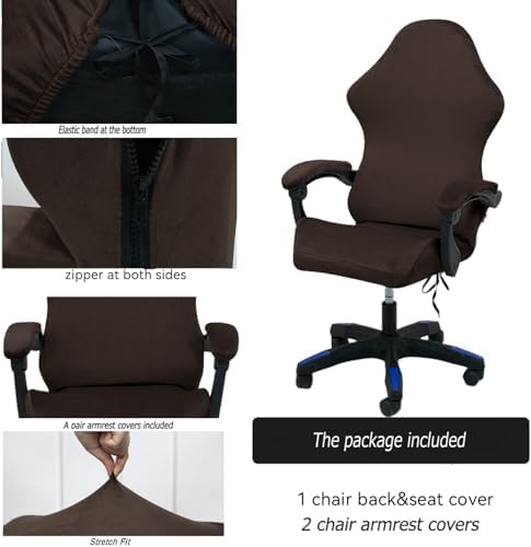 Gaming Chair Cover Set with Armrest Covers, Velvet Stretch Slipcover 1-Piece Form Fit Cover & Chair Armres Covers Included（no Chair） (Coffee)