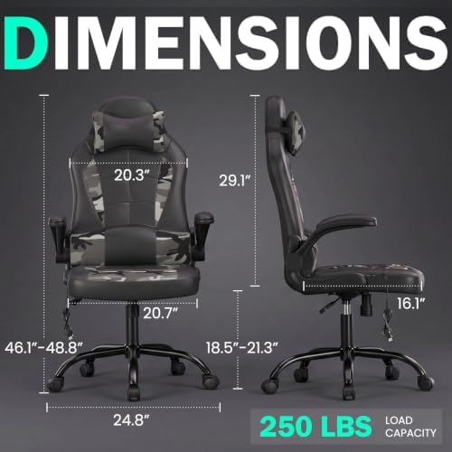 PC Gaming Chair Racing Office Chair Ergonomic Desk Chair Massage PU Leather Computer Chair with Lumbar Support Headrest Armrest Executive Task Rolling Swivel Chair for Back Pain, Camo