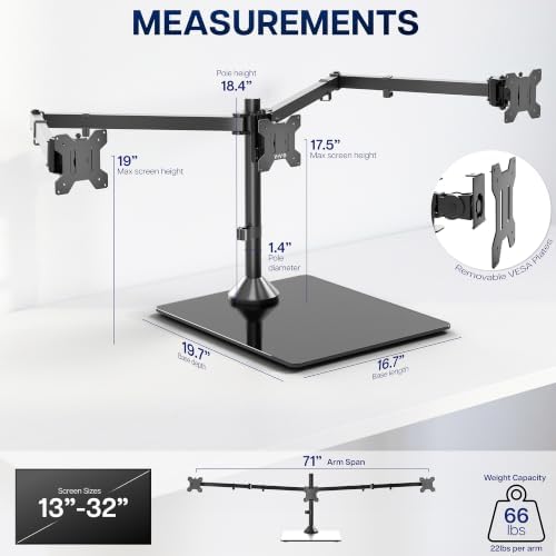 VIVO Black Triple Monitor Mount, Freestanding Triple Monitor Arm Stand for Desk with Glass Base, Heavy Duty Fully Adjustable Stand for 3 Screens up to 32 inches, Black, STAND-V332FG