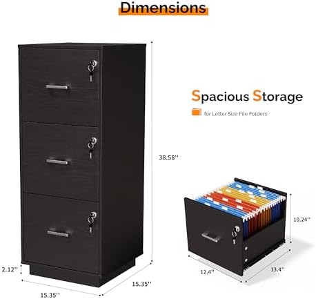 VINGLI 3 Drawer File Cabinet with Lock, Home Office Filing Organizer, for Letter Size File Folder Storage, Wood Tall Vertical Filing Cabinet, Printer Stand, Archivador (Black)