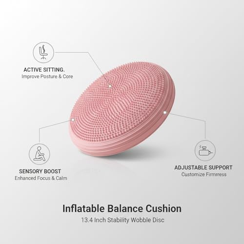 Inflatable Balance Disc Cushion, 13.4 Inch PVC Wobble Seat for Stability Training, Core Exercise & Office Chair Support, Portable Fitness Pad (Pink, Gray, Purple, Blue)