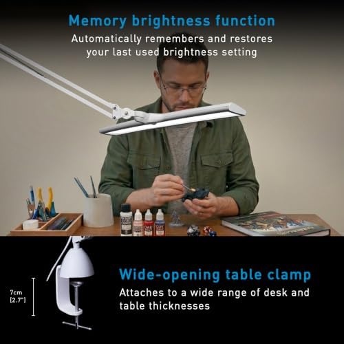 Daylight Lumi Lite LED Table Lamp with Clamp – 3 Brightness Levels, Memory Function, Spring-Balanced Adjustable Arm, 95+ CRI, 5500K Daylight Light for Crafting, Reading, Sewing & Hobby Work